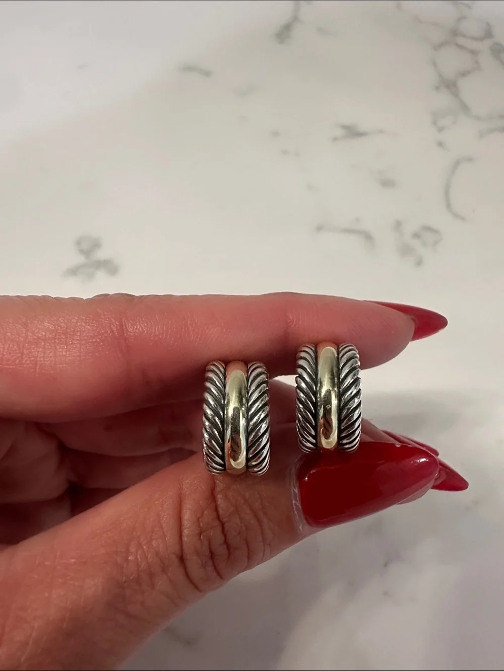 David Yurman Two-Tone Twisted Hoop Drop Earrings in Silver and Gold - Picture 2 of 5